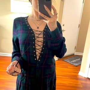 Plaid green and red T-shirt dress with deep v and laces that tie along cleavage